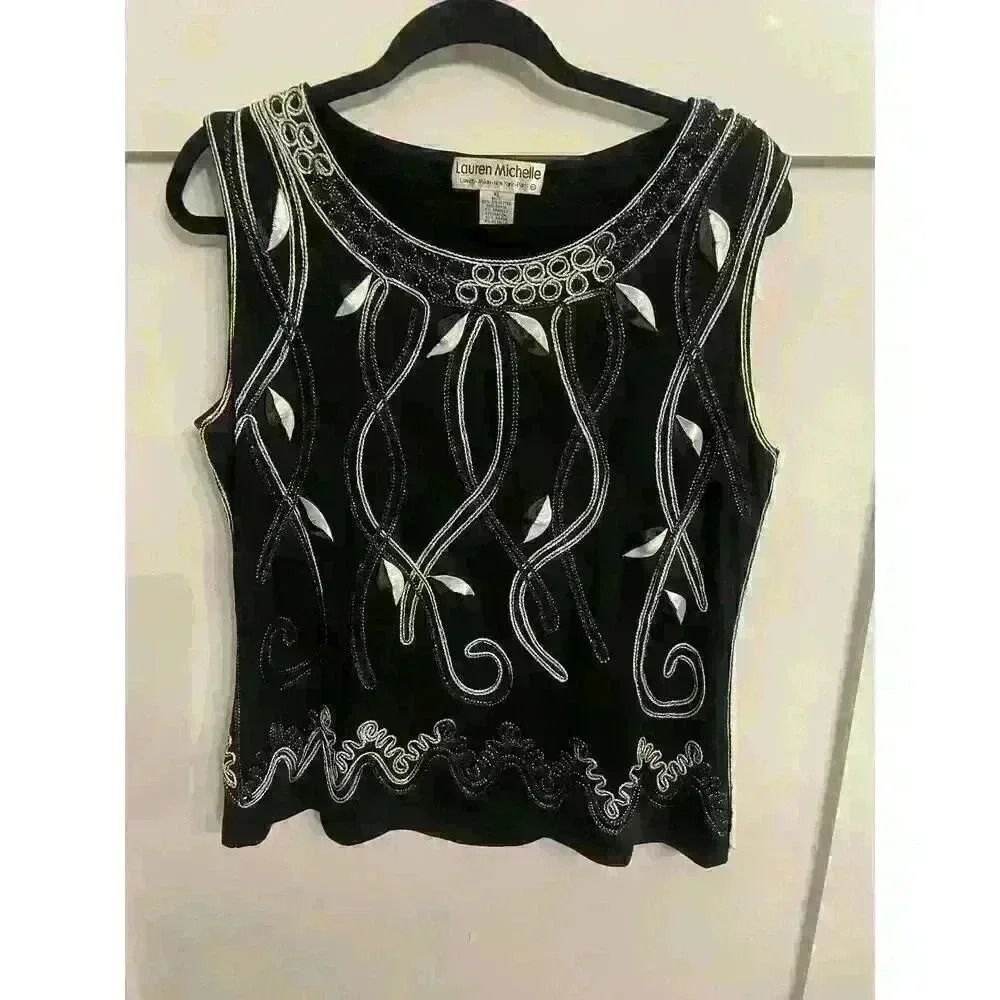 Lauren Michelle Black Embroidered Sleeveless Career Blouse, size XL